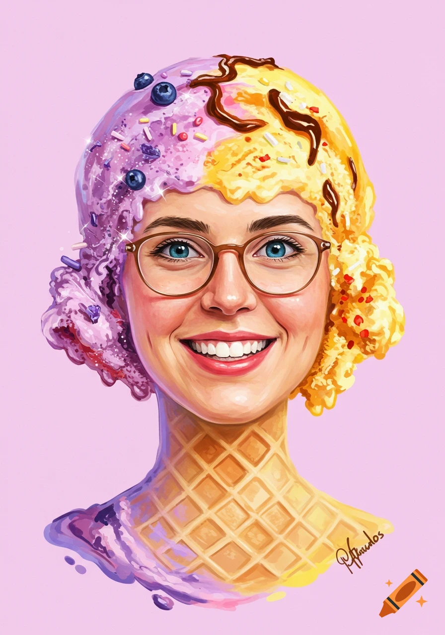 Whimsical illustration of a smiling woman with purple and yellow ice cream for hair and a waffle cone neck on a pink background.