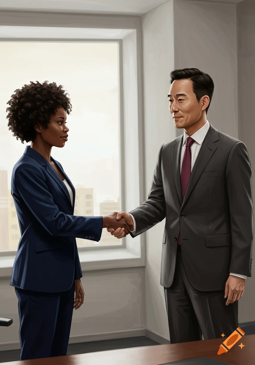 A Black woman and an Asian man in business suits shaking hands in an office, digital illustration.