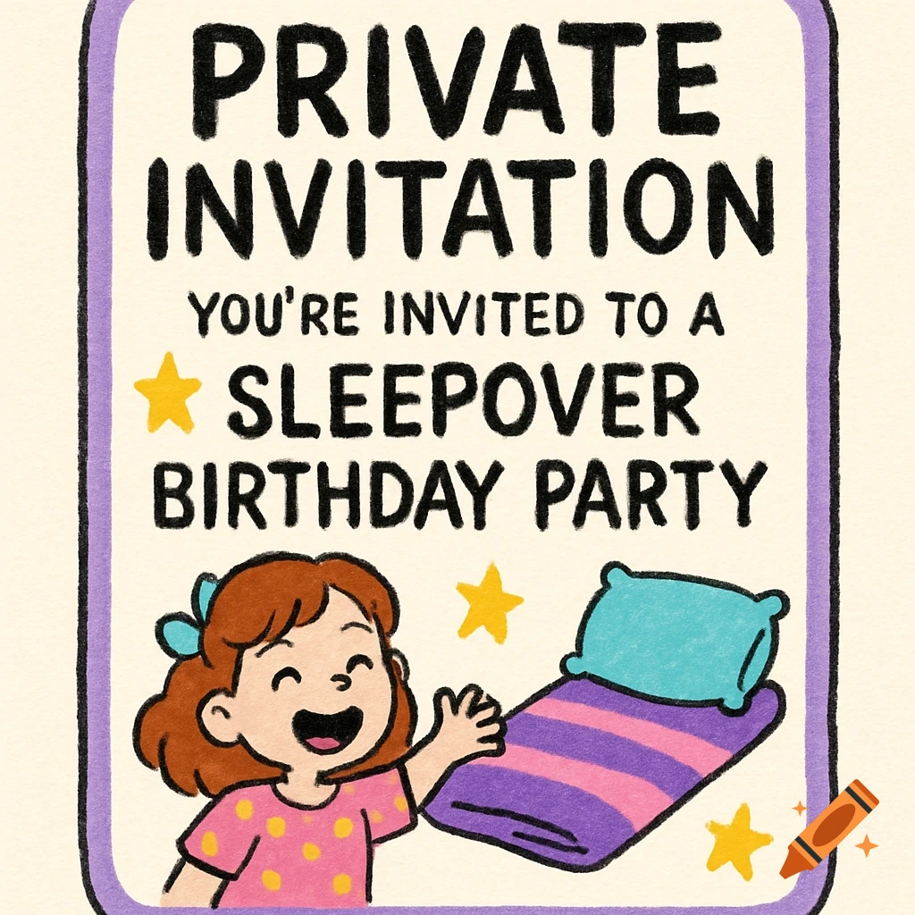 Cartoon invitation with a happy child, sleeping bag, and stars, reading 'PRIVATE INVITATION YOU'RE INVITED TO A SLEEPOVER BIRTHDAY PARTY'.