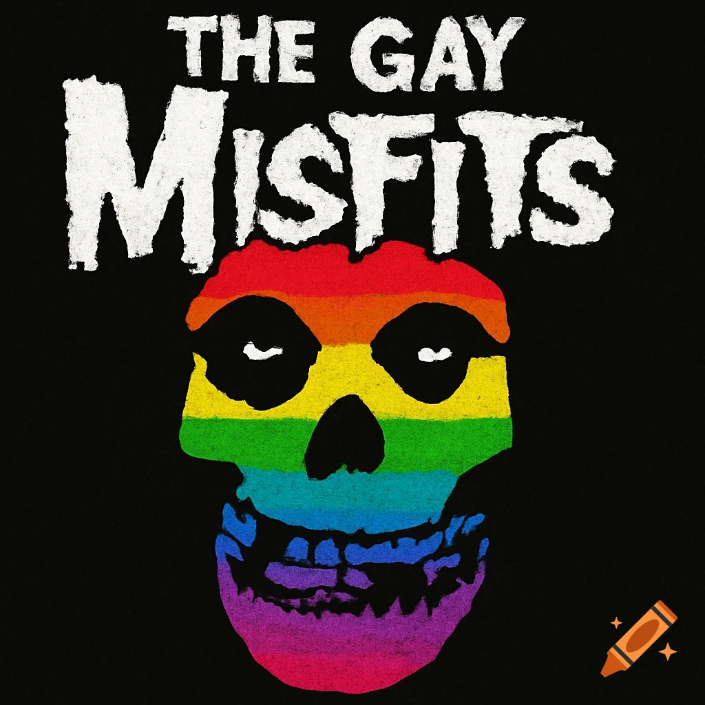 A band logo with a rainbow-colored skull on a black background, with white text above it reading 'THE GAY MISFITS'.