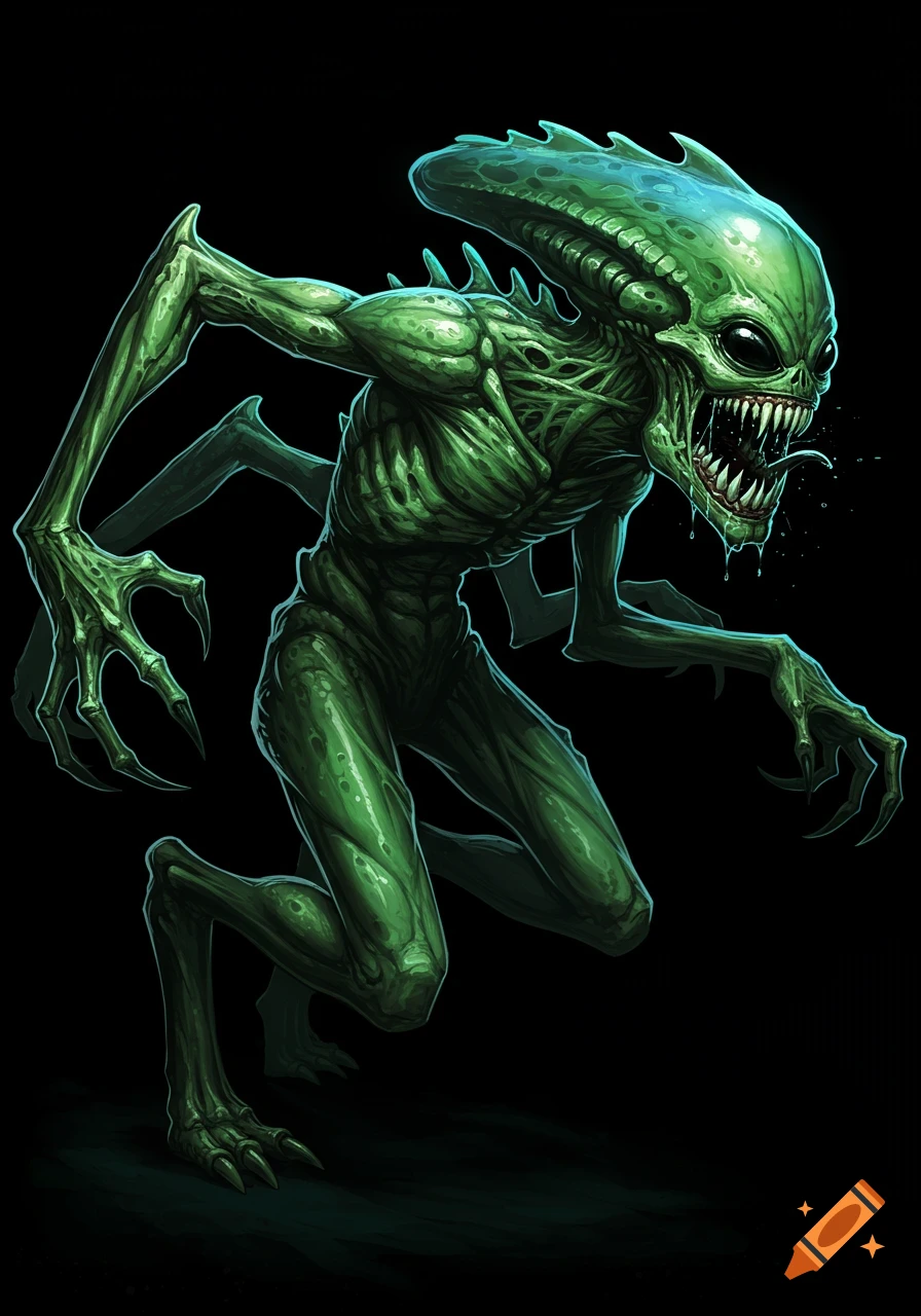 A scary, green-skinned alien monster with sharp teeth and claws lunges forward on a black background, in a detailed, illustrative style.