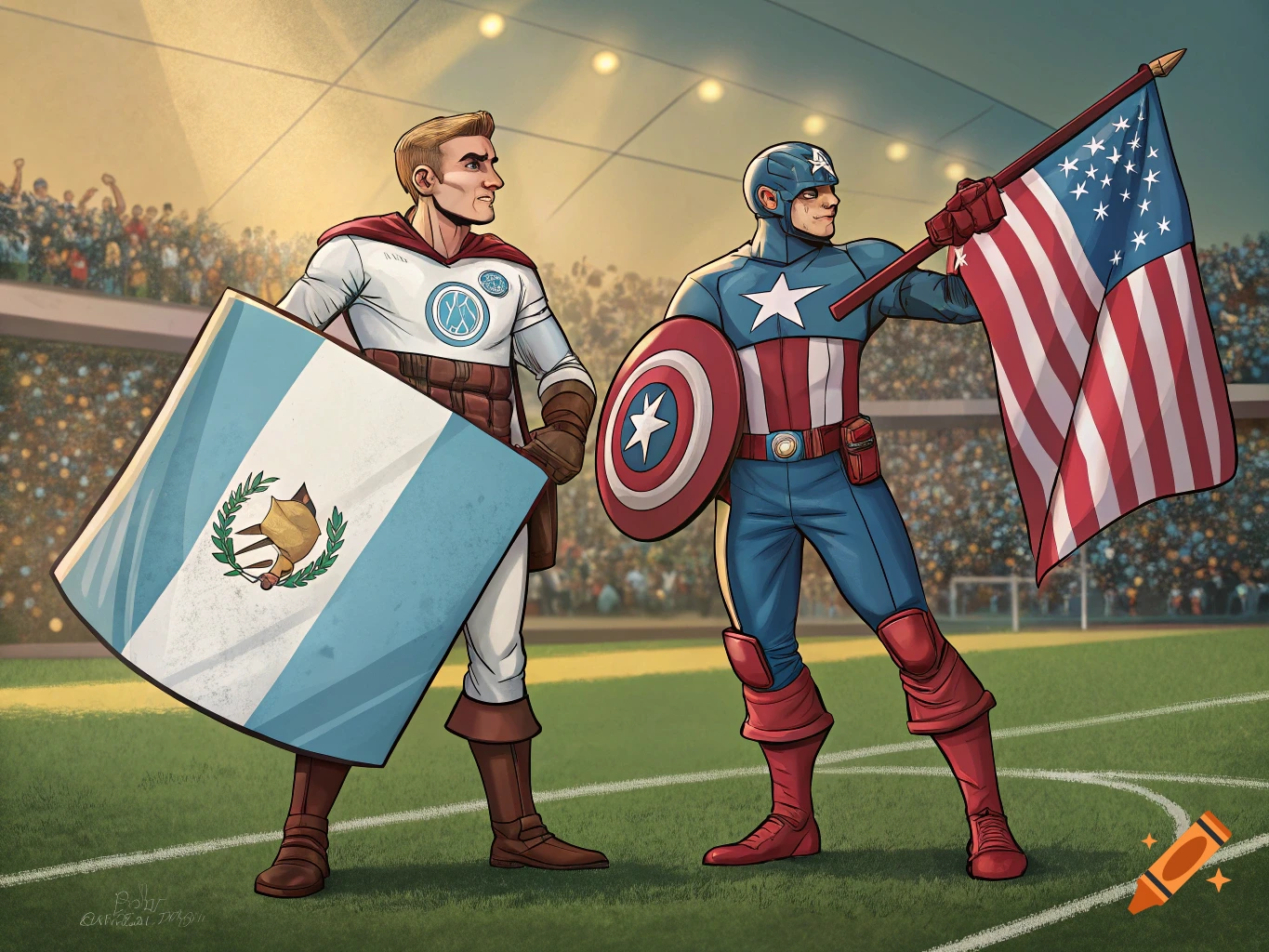 Captain America and Tecun Uman stand side-by-side on a soccer field, holding their respective national flags and shields, with a stadium crowd in the background.