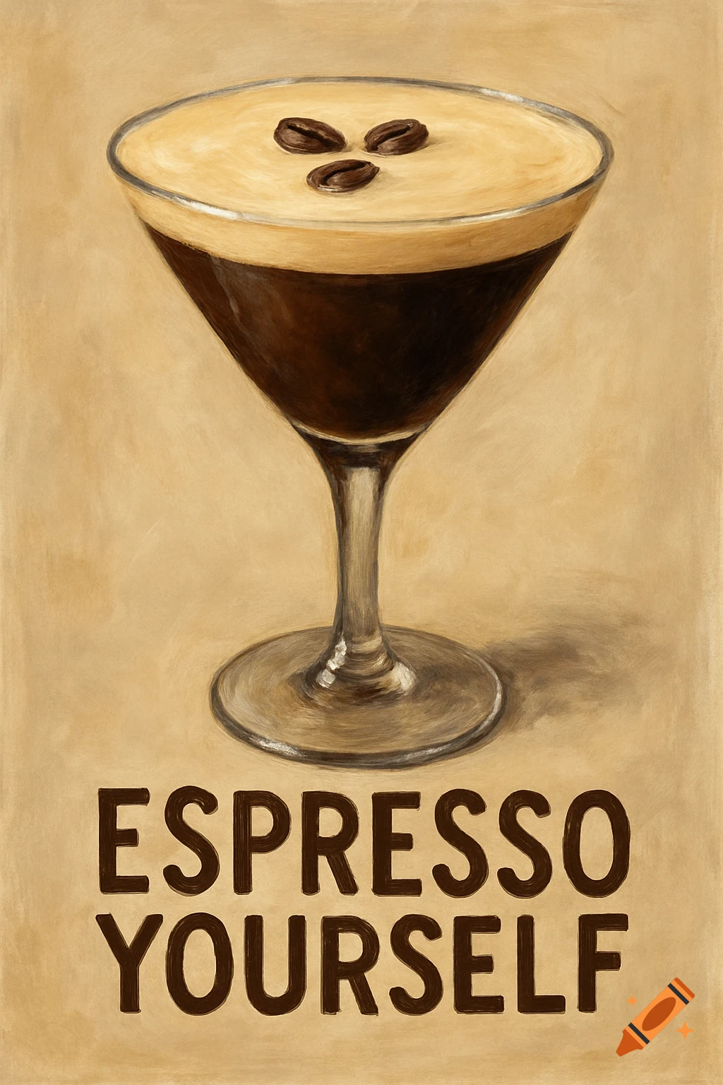 An illustration of an espresso martini with three coffee beans on top, above the text 'ESPRESSO YOURSELF' on a tan background.