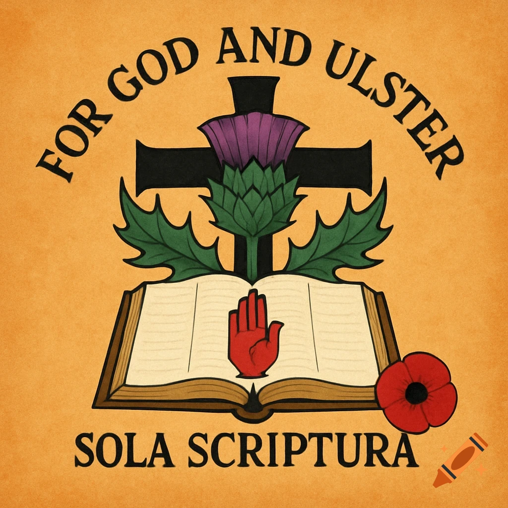 An emblem with a black cross, purple thistle, open Bible with a red hand, and a poppy on orange. Text reads 'FOR GOD AND ULSTER' and 'SOLA SCRIPTURA'.