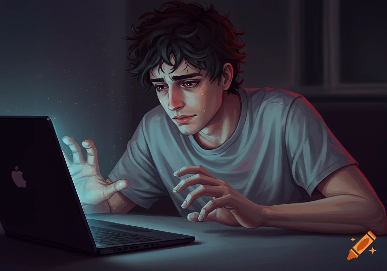 Digital illustration of a young man with a sad expression reaching towards a glowing laptop in a dark room.