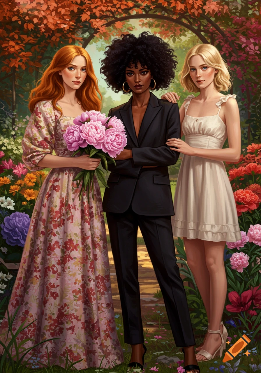 Three diverse women stand in a lush, vibrant garden with an archway. One woman holds a bouquet of pink peonies. Illustrative style.