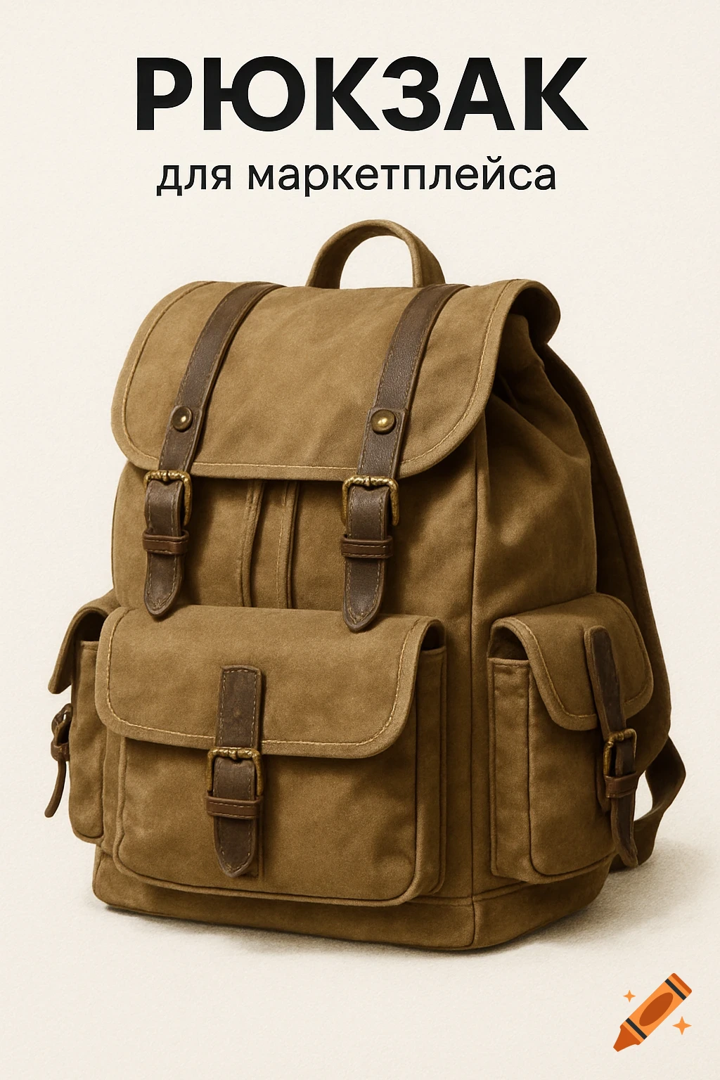 A photorealistic image of a brown canvas backpack with leather straps and buckles, with text 'BACKPACK for marketplace' above.
