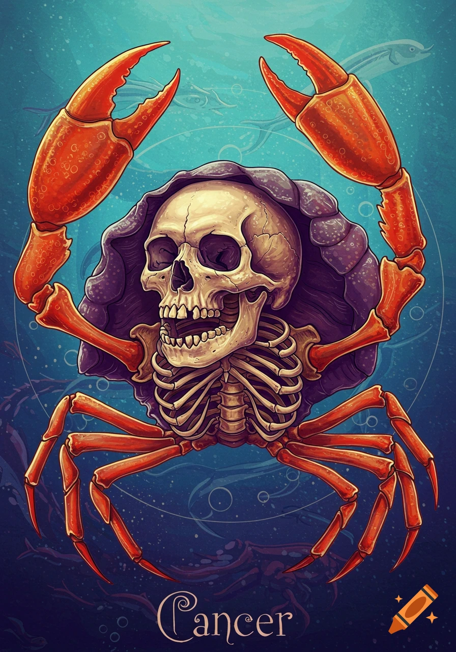 A stylized illustration of a human skull and ribcage emerging from a purple crab shell with orange claws and legs, set against a blue underwater background with faint fish and bubbles. The word 'Cancer' is written below.