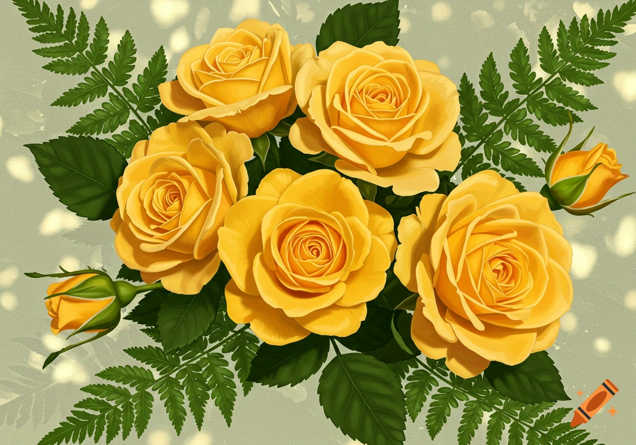 A painted bouquet of yellow roses with green fern leaves on a light background.