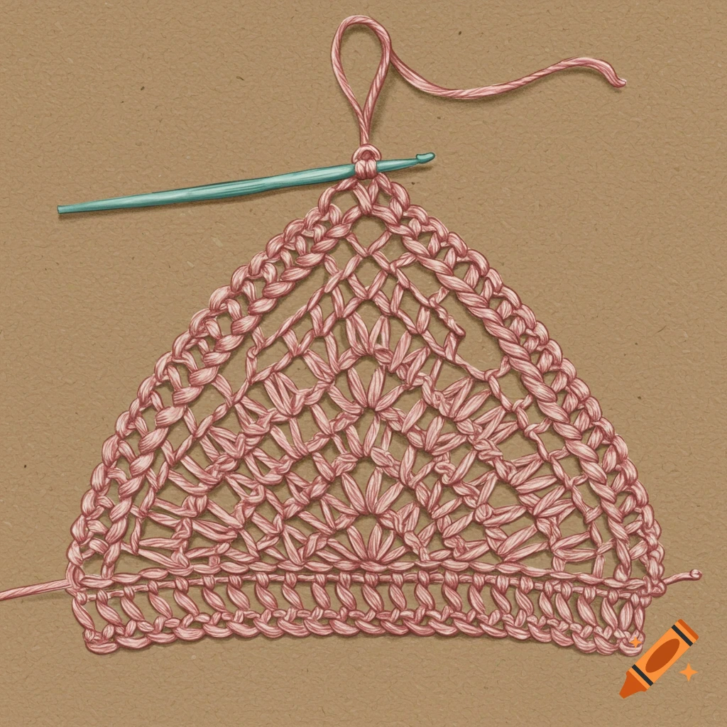 An illustration of a triangular pink crochet pattern with a light blue crochet hook on a brown background.