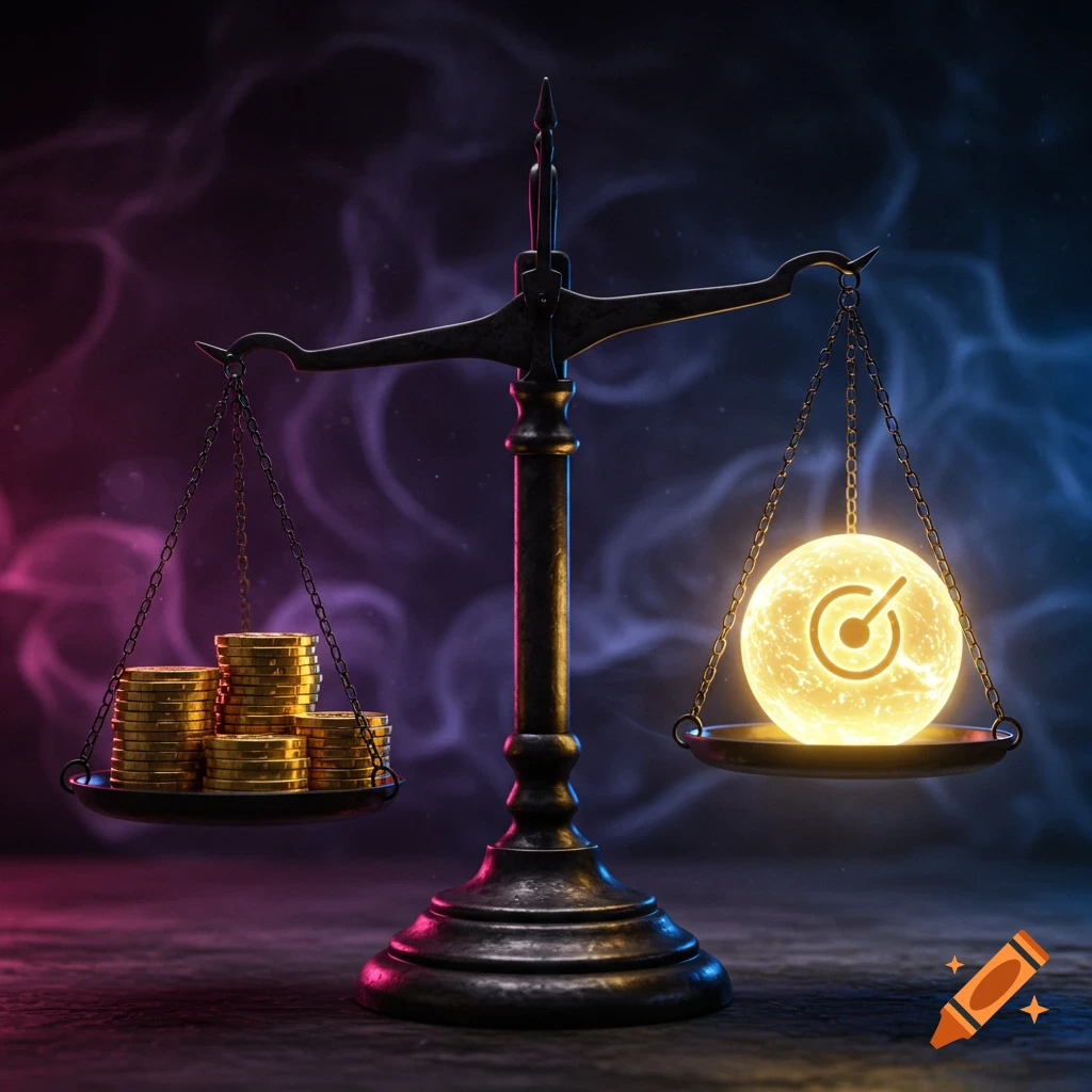 An antique balance scale holds stacks of gold coins on one side and a glowing yellow orb with a target symbol on the other, against a smoky dark background.