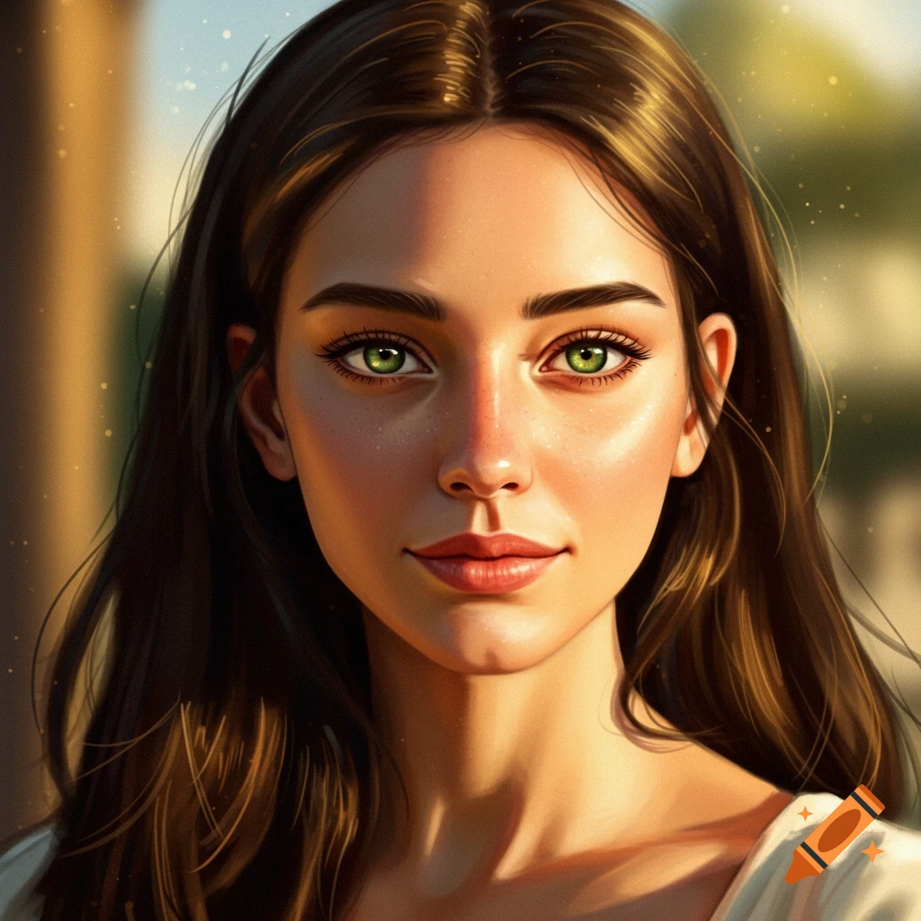 Close-up portrait of a young woman with long brown hair and bright green eyes, rendered in a realistic style with warm natural light.