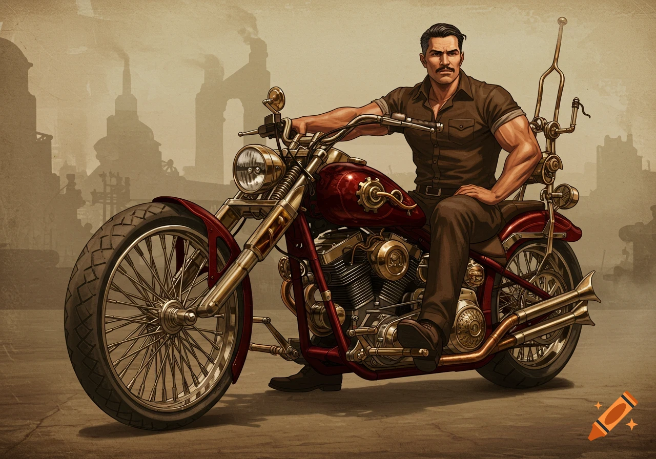 A muscular man with a mustache sits on a detailed red and gold steampunk motorcycle, in front of a hazy industrial background.