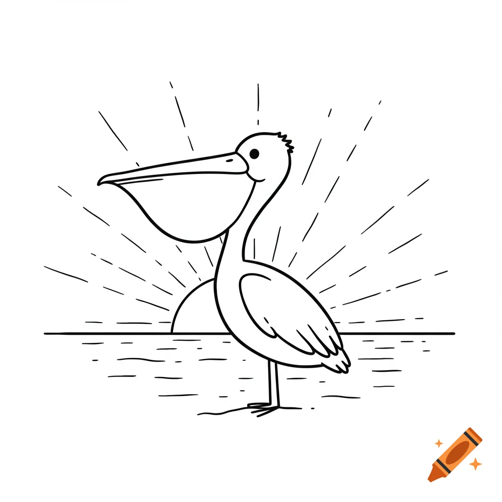 Black and white line art cartoon of a pelican standing on water with a sunrise in the background.