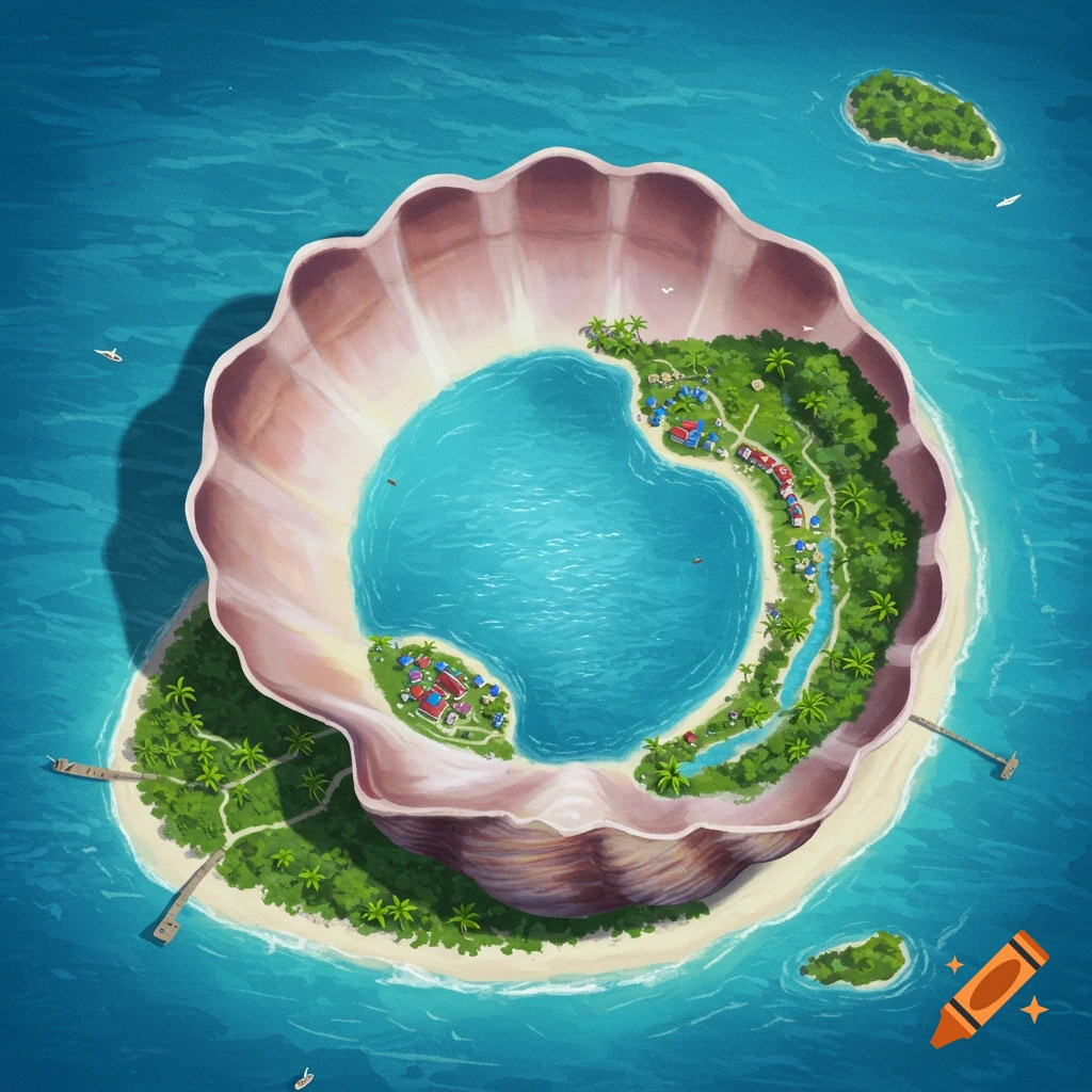 Overhead view of a tropical island shaped like a seashell, featuring a central lagoon and small settlements.