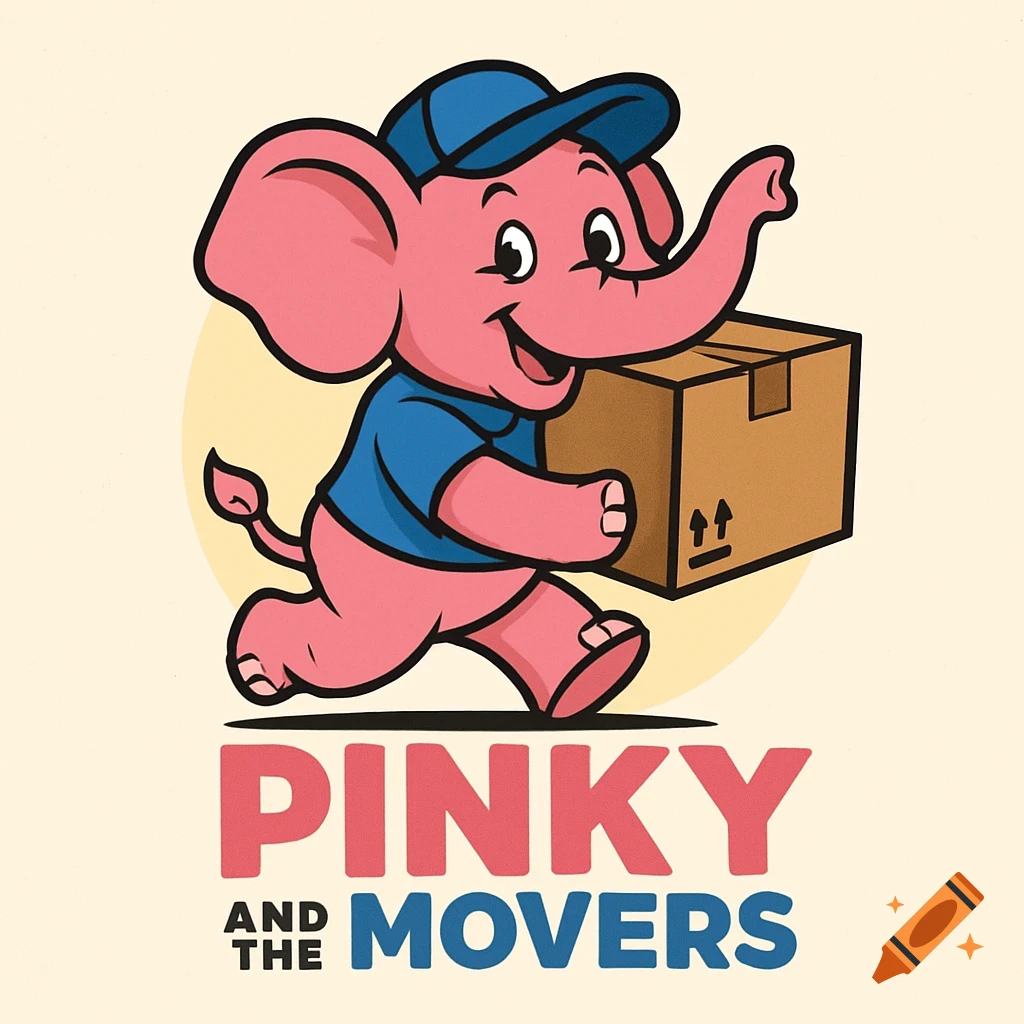 A cheerful pink cartoon elephant wearing a blue cap and shirt, running with a brown cardboard box, part of a logo that reads 'PINKY AND THE MOVERS'.