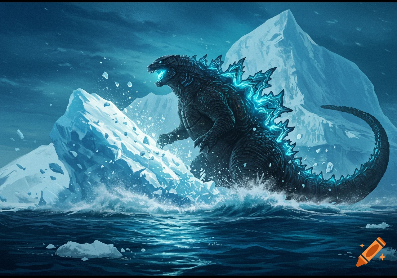 Godzilla, with glowing blue spines, roars while breaking out of a large iceberg in a stormy arctic sea.