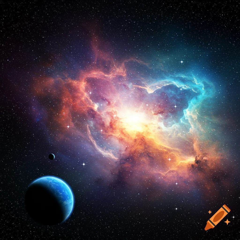 A vibrant red, orange, and blue nebula glows in deep space, with a large blue planet and smaller moon in the foreground amidst scattered stars.