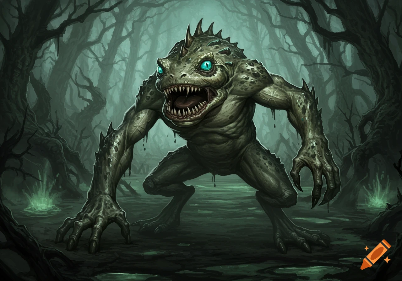 A monstrous green-grey amphibian creature with glowing teal eyes and sharp teeth in a dark, misty swamp.
