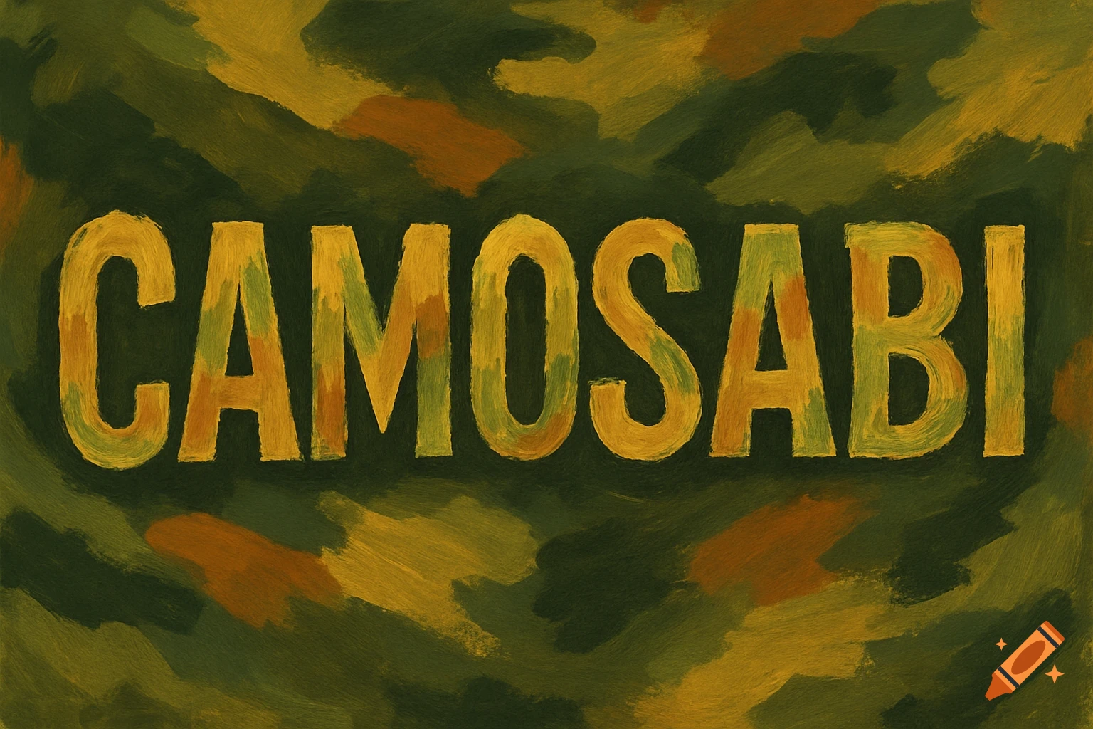 The word CAMOSABI rendered in a yellow and green camouflage paint style against a dark green camouflage background.