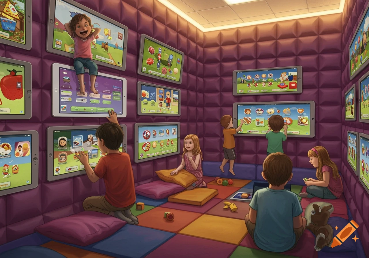 Children play in a padded room with numerous tablets embedded in the walls, some interacting with the screens, others on the floor.