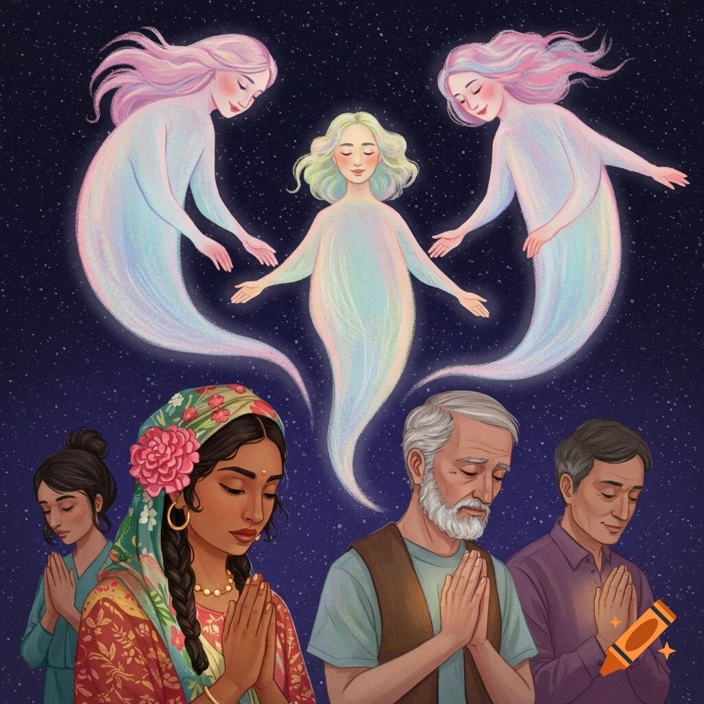 Colorful illustration of diverse people praying under a starry sky as ethereal, glowing spirits float above them.