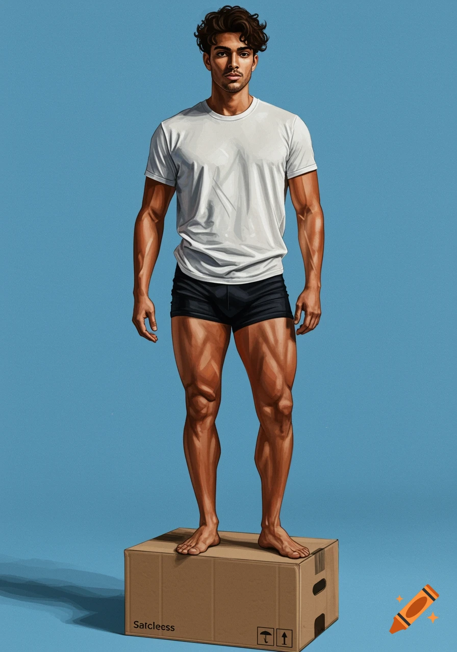 A muscular man with curly brown hair in a white t-shirt and black shorts stands barefoot on a cardboard box against a blue background, in a digital art style.