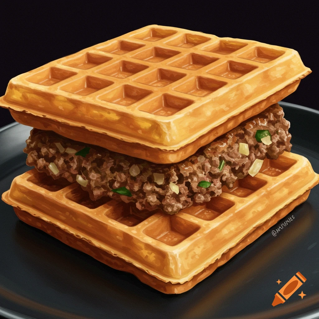 A close-up of a meat waffle sandwich, featuring ground meat with vegetables between two golden-brown waffles on a dark plate.