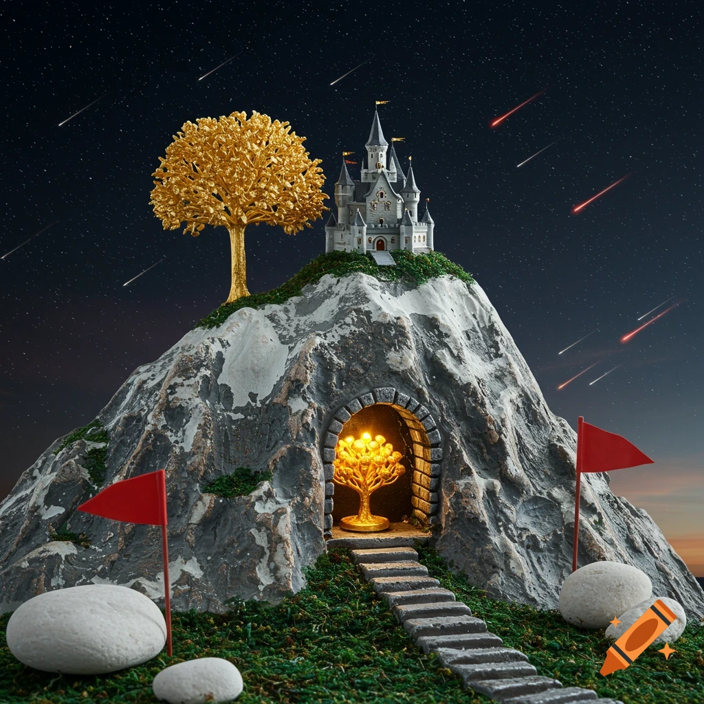 A miniature model of a mountain with a castle, golden tree, and glowing cave, under a starry sky with meteors.
