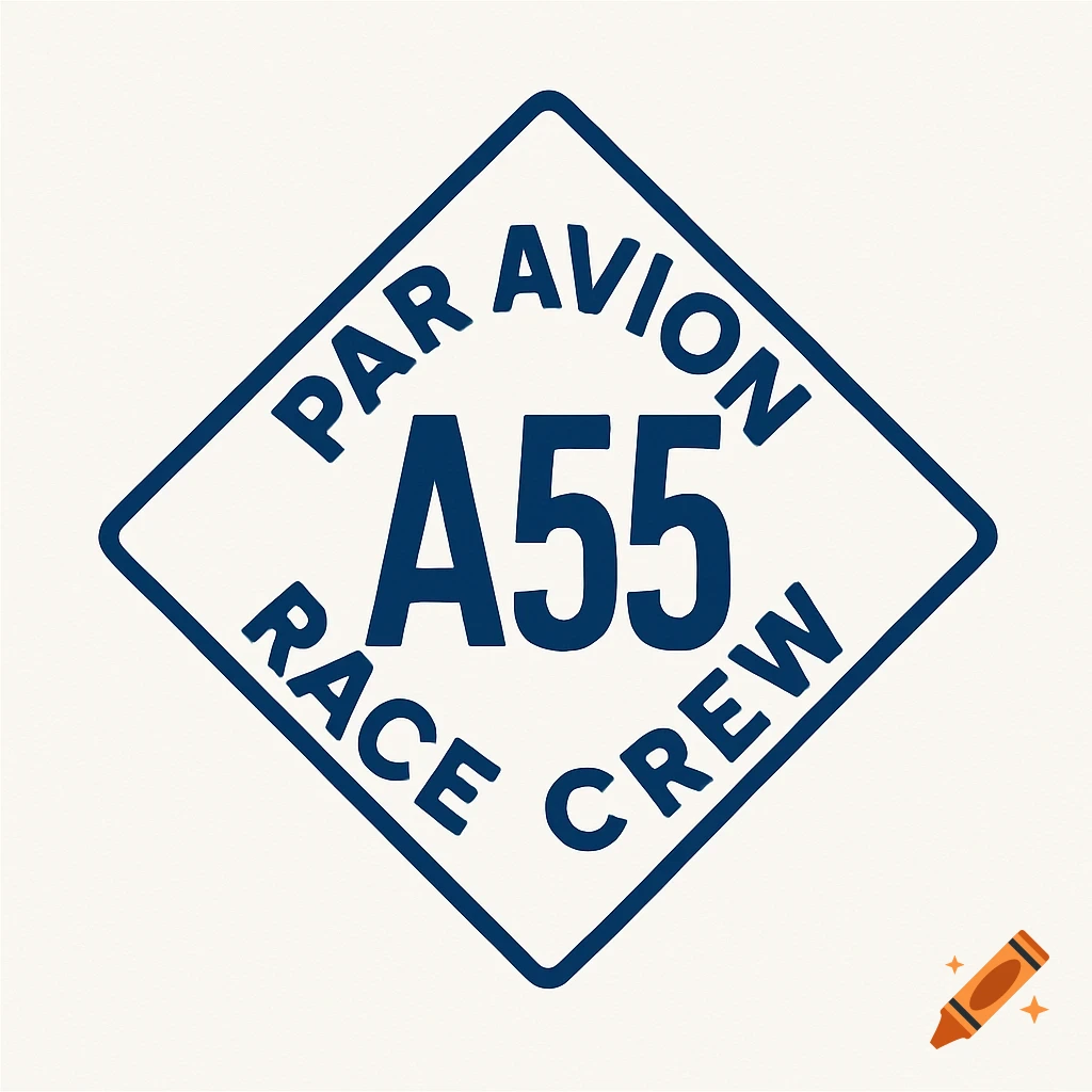 A minimalist 1960s style nautical logo. Dark blue text "A55" centered, "PAR AVION" above, "RACE CREW" below, in a diamond on white.
