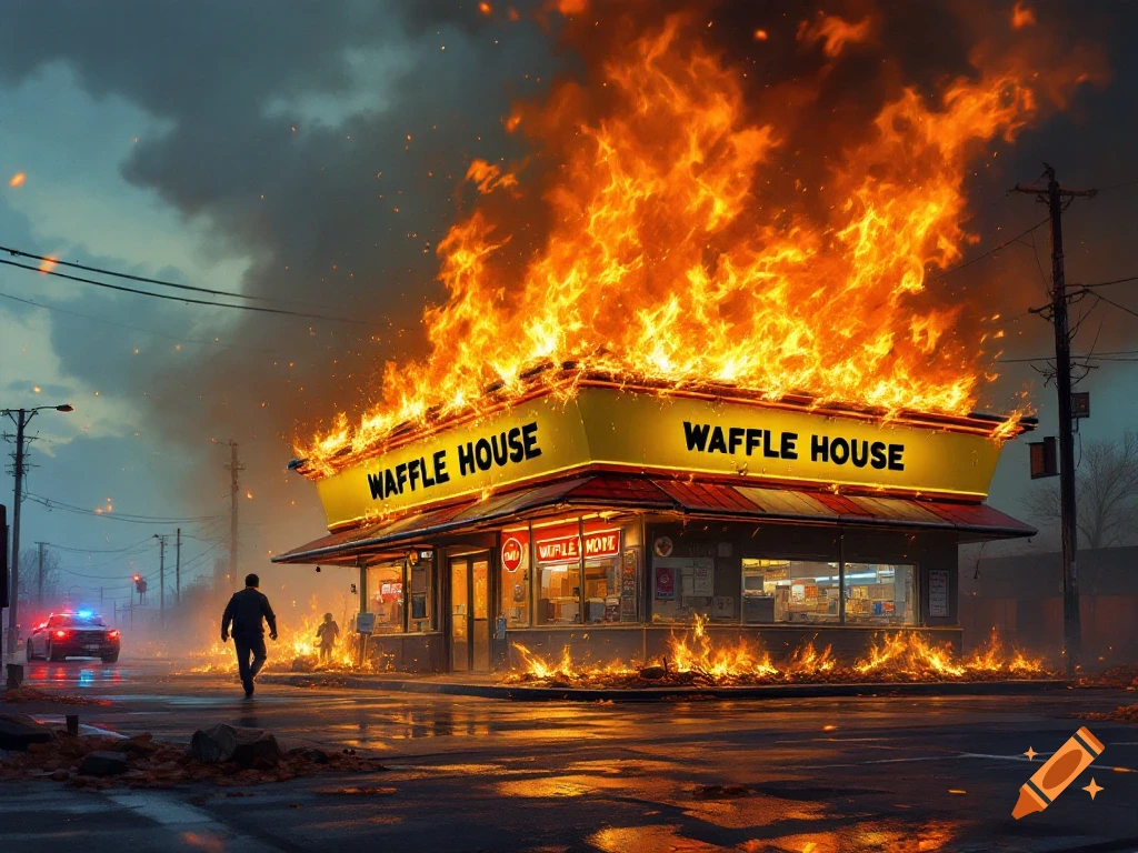 A Waffle House building is engulfed in large flames and smoke, with a person walking away and a police car in the distance on a wet street.