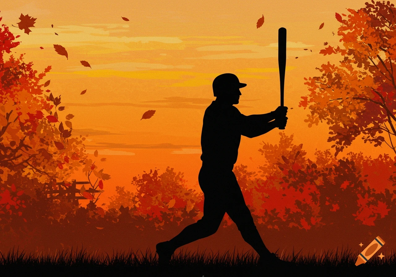 Silhouette of a baseball player swinging a bat against an orange and yellow autumn sunset with falling leaves.