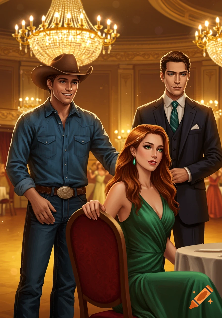 Digital illustration of two men, a cowboy and a businessman, standing near a red-haired woman seated at a table in a grand ballroom.