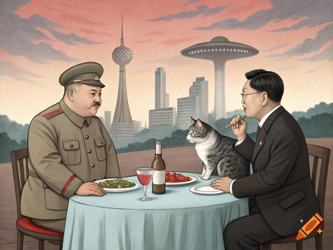 A stylized illustration of a man resembling Joseph Stalin and a man resembling Kim Jong Un having dinner with a tabby cat on a rooftop, with the Pyongyang skyline and a UFO-like building in the background.