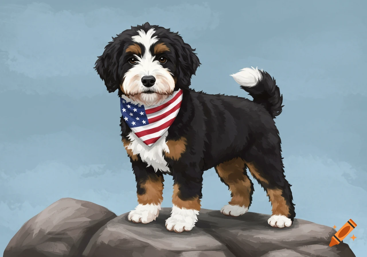 A cute Bernedoodle puppy, mostly black with white fur and brown markings, wears an American flag bandana while standing on a large rock.