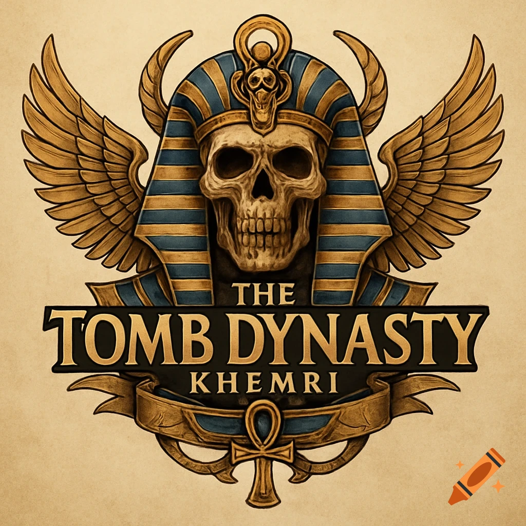 A stylized logo featuring a skull wearing an ancient Egyptian pharaoh's headdress, flanked by golden wings, with text reading "THE TOMB DYNASTY" and "KHEMRI."