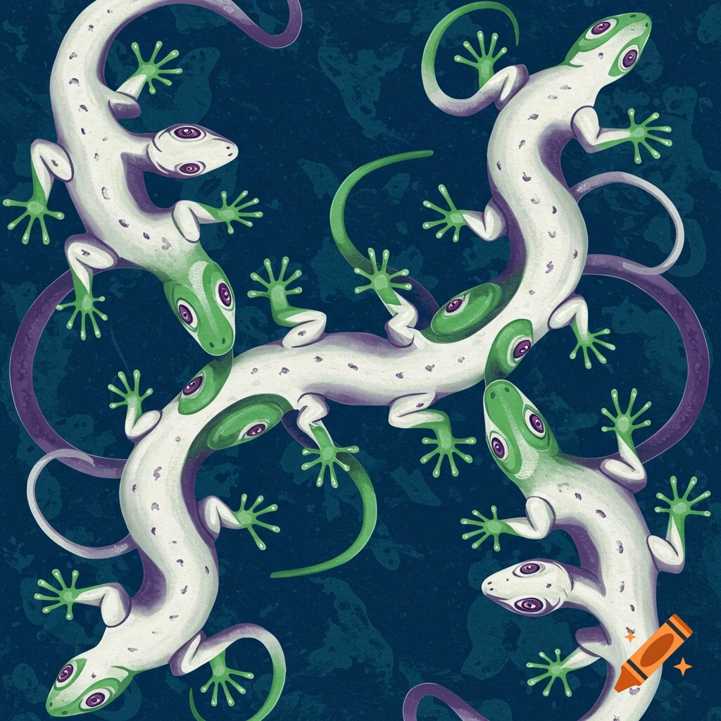 Tessellated pattern of white and green lizards with purple accents on a dark blue background, in the style of M.C. Escher.