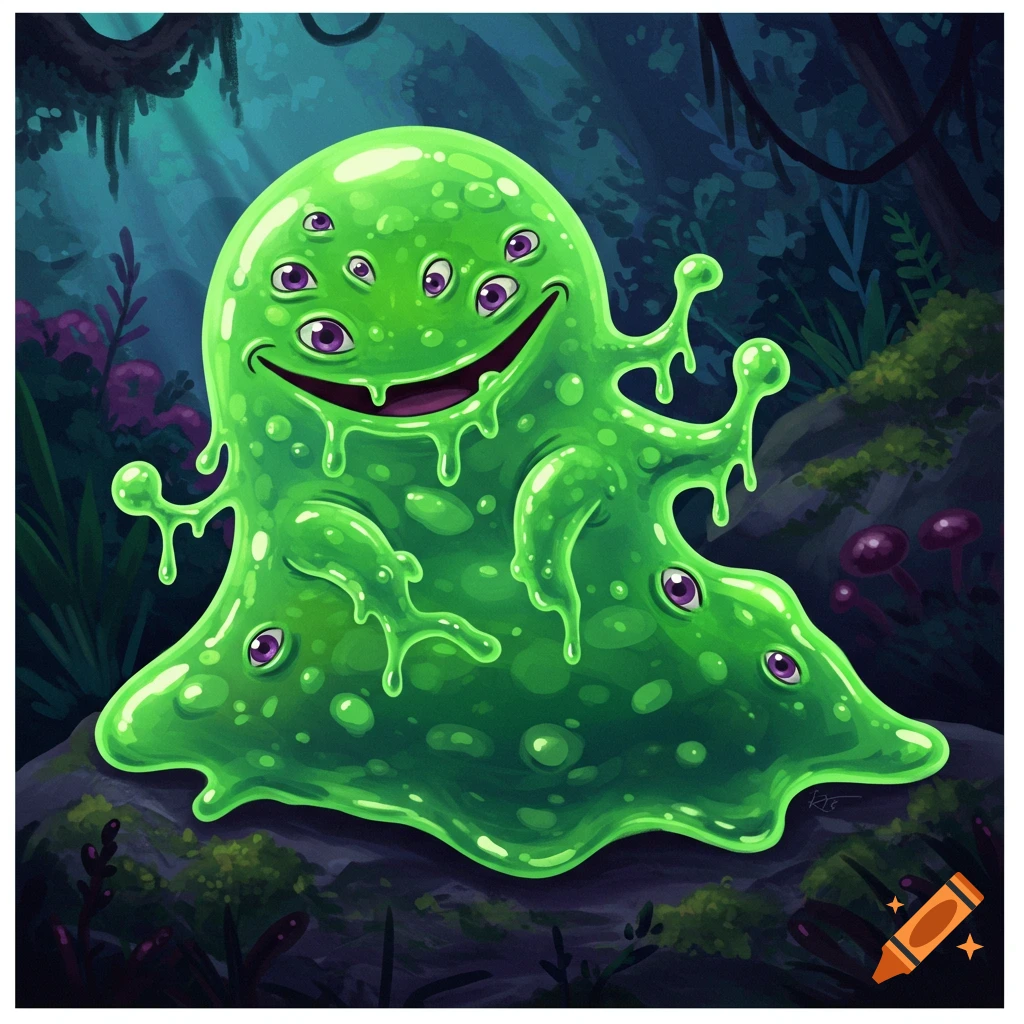 A bright green, smiling slime monster with many eyes stands in a dark, mystical forest.