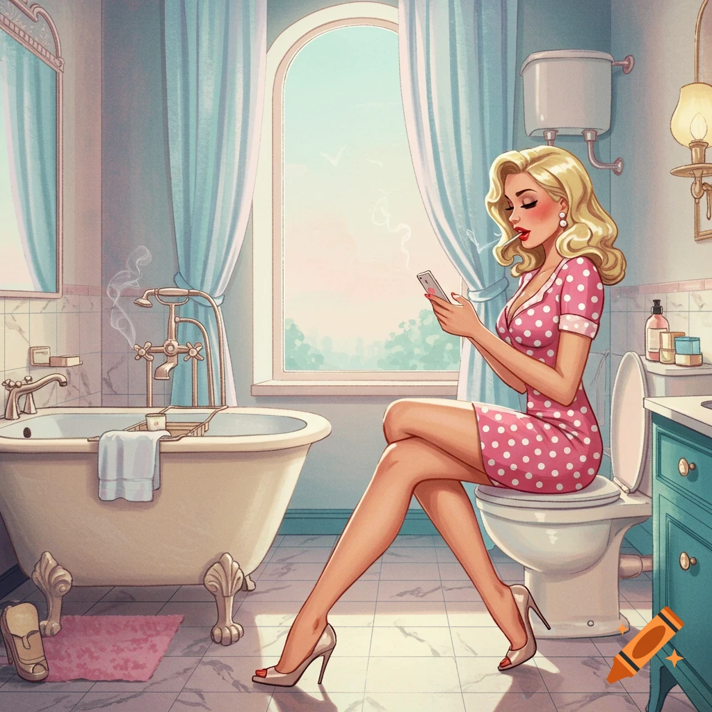 A blonde vintage-style pinup woman in a pink polka dot dress sits on a toilet in a light blue bathroom, scrolling her phone and smoking.