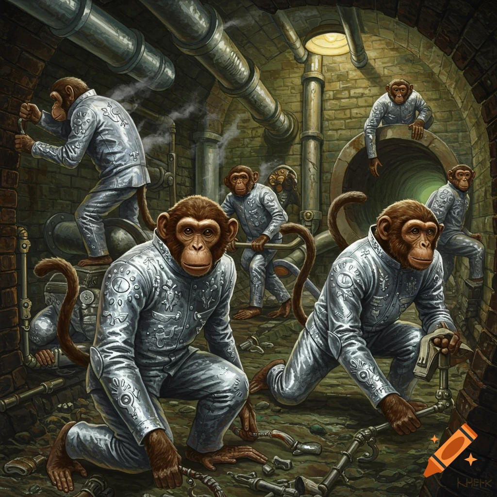 Chimpanzees in silver steampunk-style suits work on pipes in a dimly lit underground sewer, in a detailed illustration.