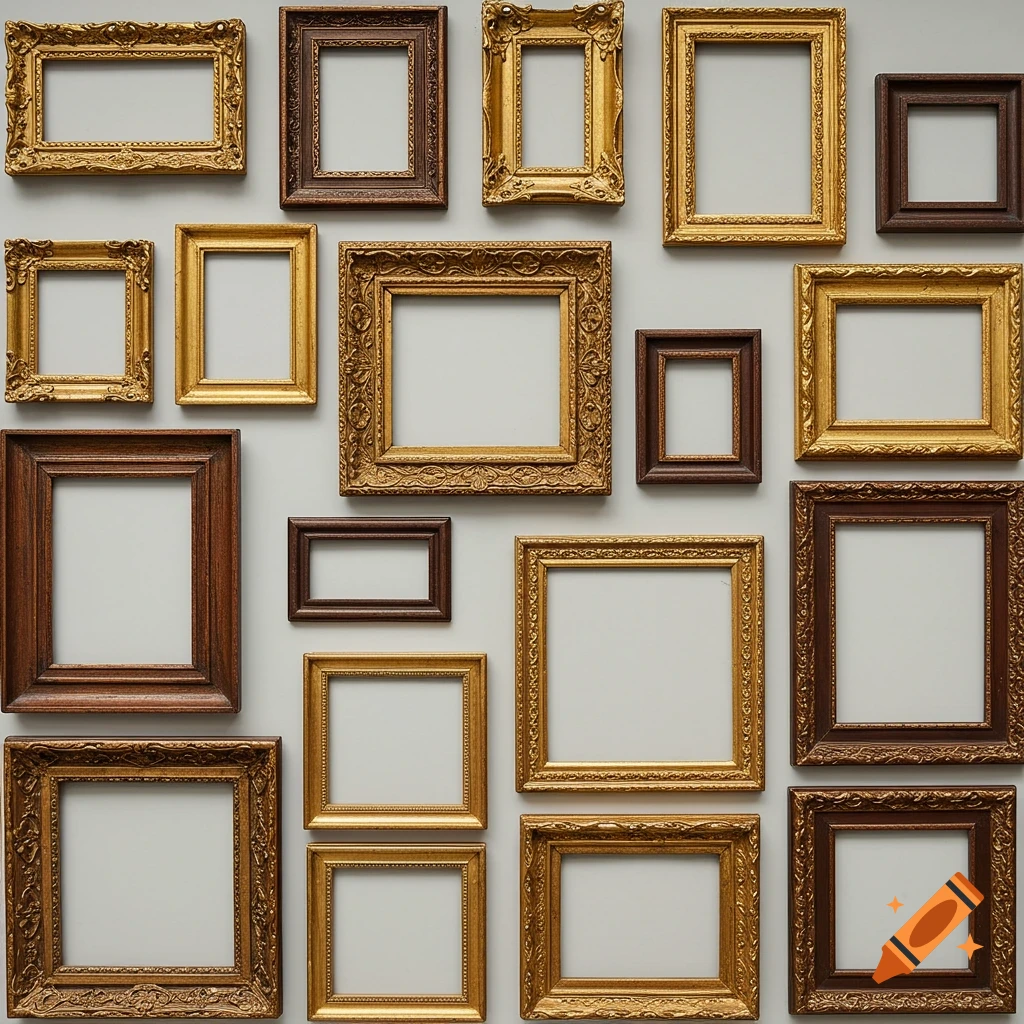 A wall covered with various ornate, gilded, and wooden Victorian-era empty picture frames.