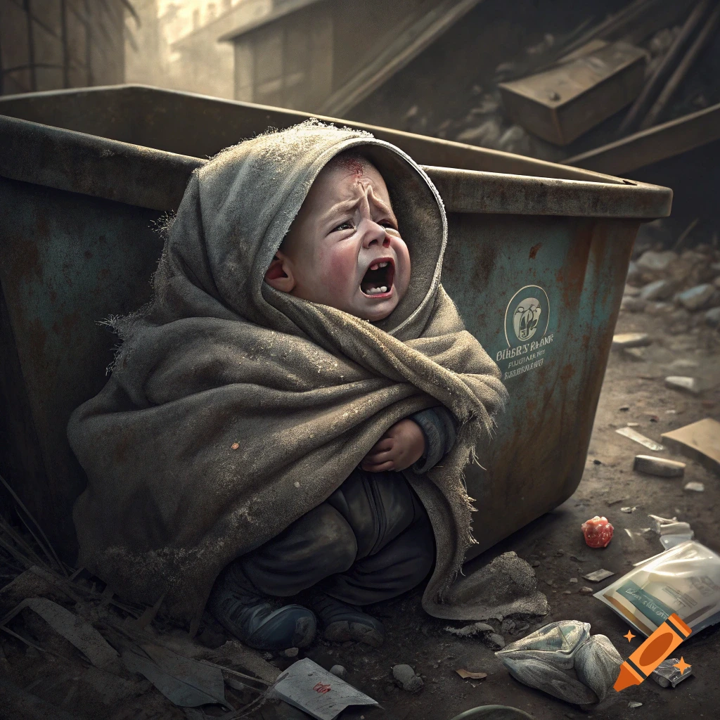 A crying baby wrapped in a dirty blanket sits on the ground next to a large dumpster in a desolate, trash-filled urban environment.