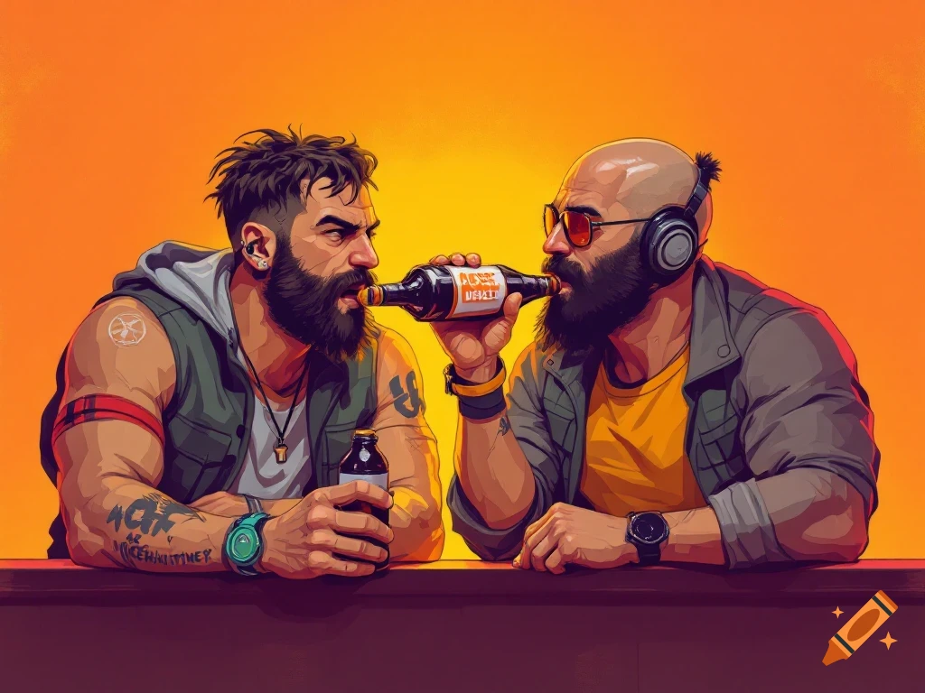 Two bearded men in a comic book art style, one drinking from a bottle, against an orange background.