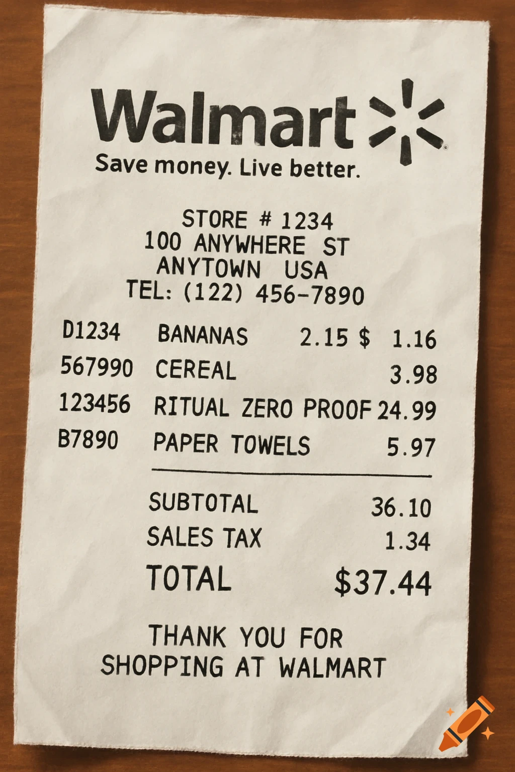 A close-up of a printed Walmart receipt with items like bananas, cereal, Ritual Zero Proof, and paper towels, showing subtotal, sales tax, and total of $37.44.