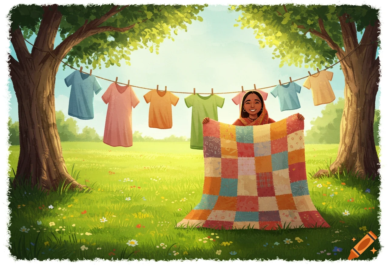 A smiling woman in traditional clothing holds a colorful patchwork quilt in a sunny green field with clothes drying on a line between trees.