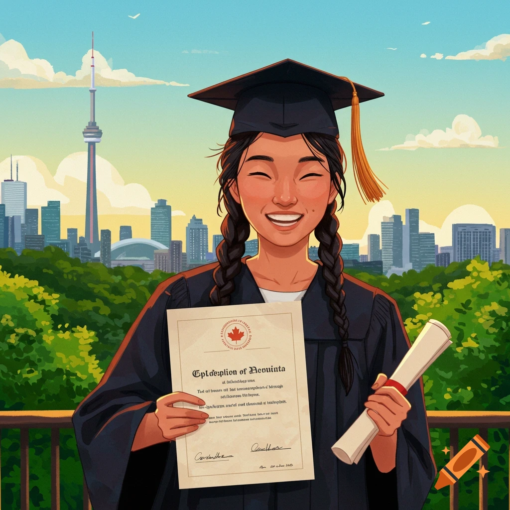 A happy graduating student with braids holds a diploma and scroll, smiling in front of the Toronto skyline, illustration.