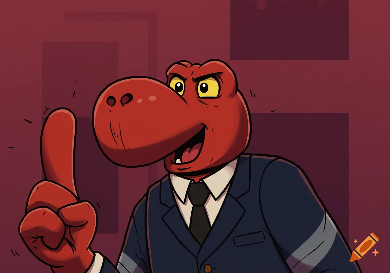 A cartoon red dinosaur-like character in a suit raises one finger, with a wide smile and intense yellow eyes.