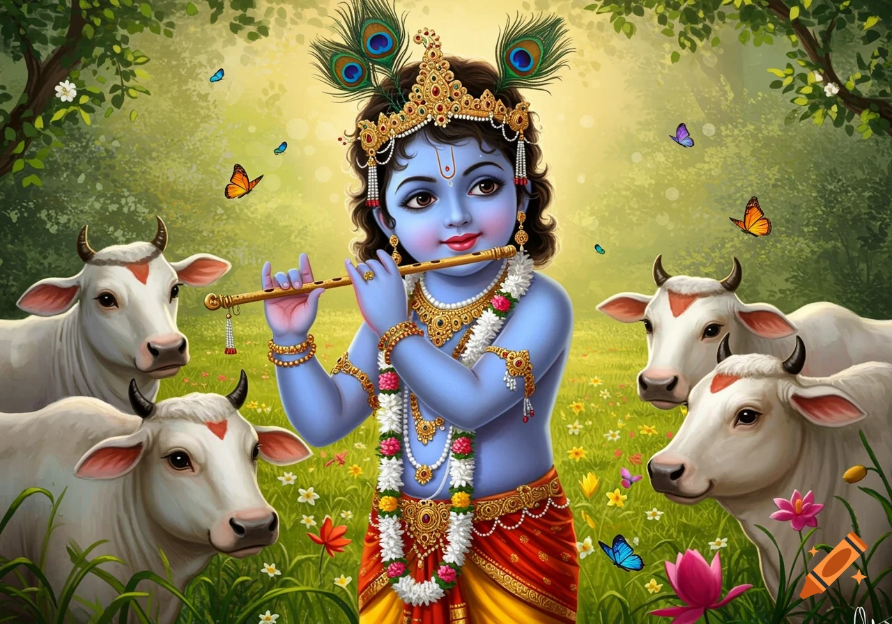 Young blue-skinned Krishna playing a golden flute, surrounded by cows in a lush, flower-filled meadow with butterflies.