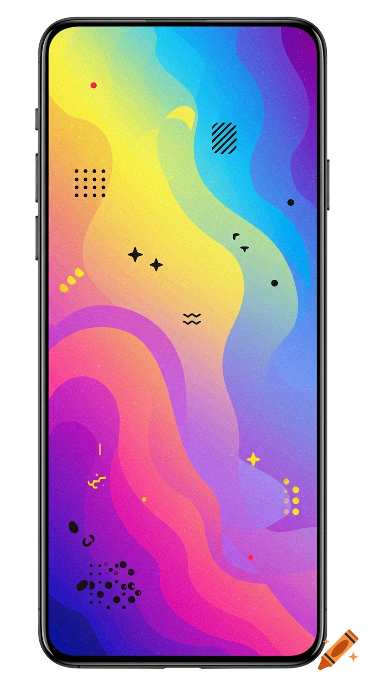 A vibrant abstract phone wallpaper with wavy, colorful gradients of yellow, orange, pink, purple, and blue, adorned with small geometric shapes and dots.