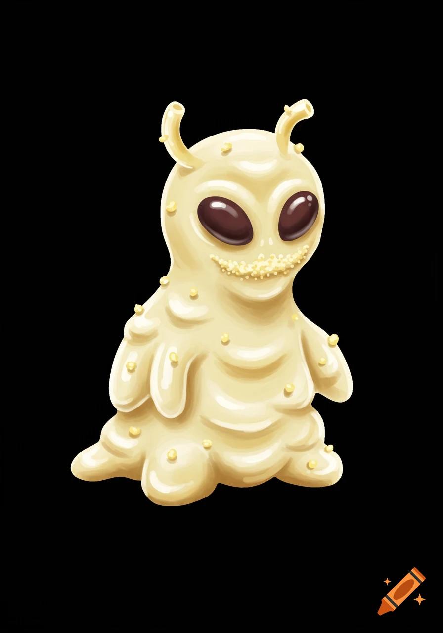 A cartoon alien made of creamy white alfredo sauce with dark eyes and yellow sprinkles on a black background.